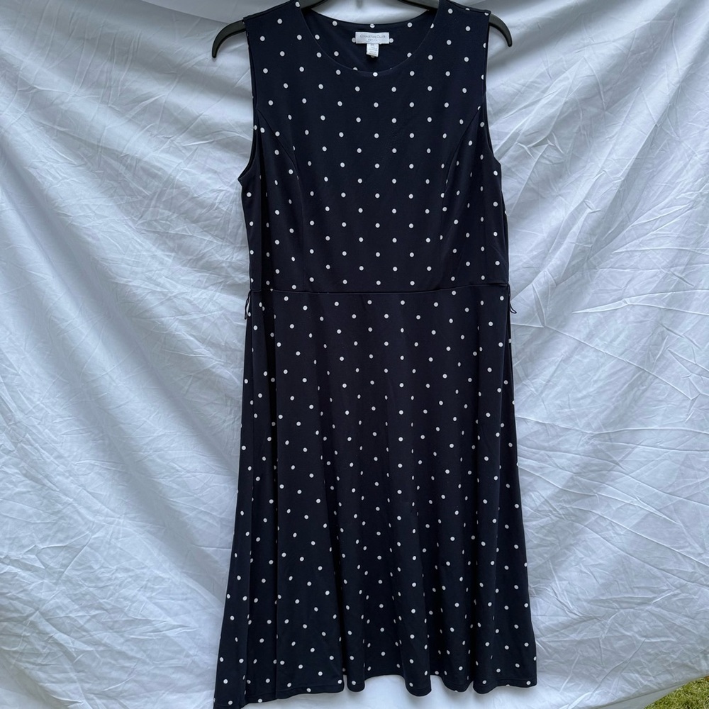 Charter Club Navy Blue Polka Dot Sleeveless Dress with belt Size Petite Large‎